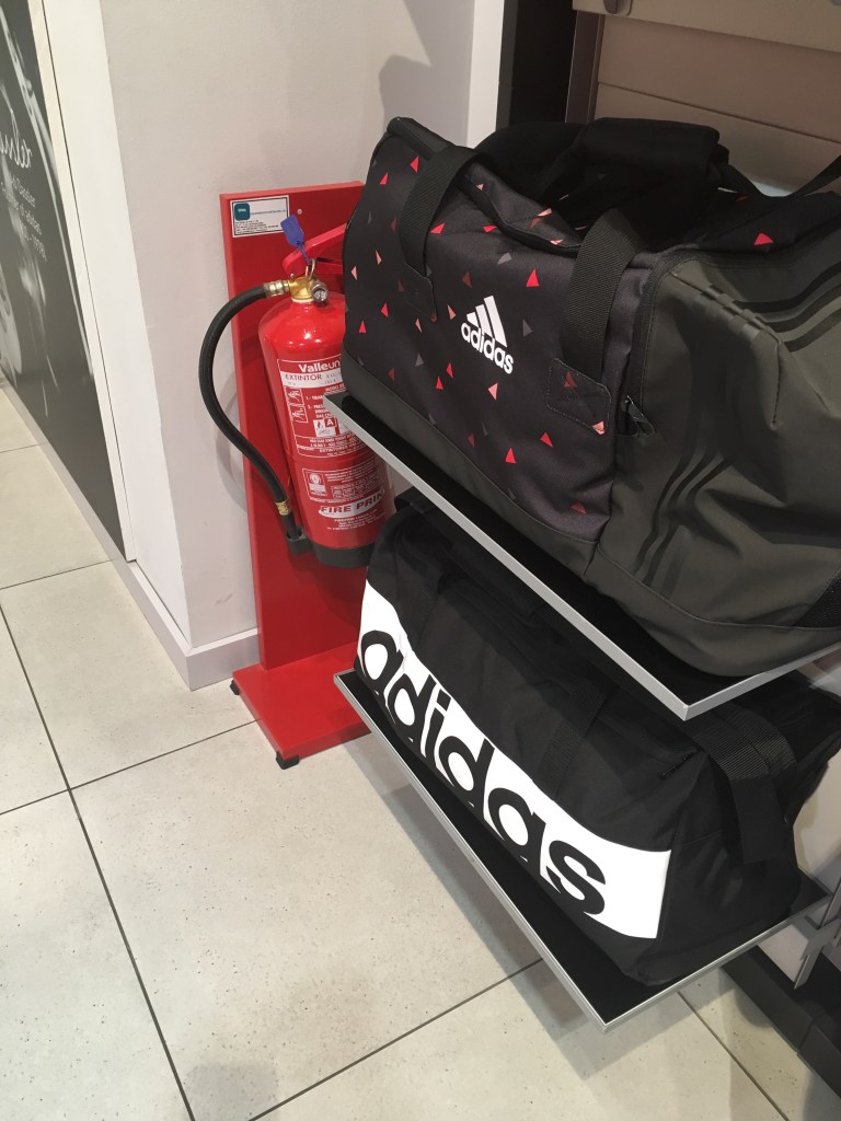Fire extinguisher, gym bag, adidas