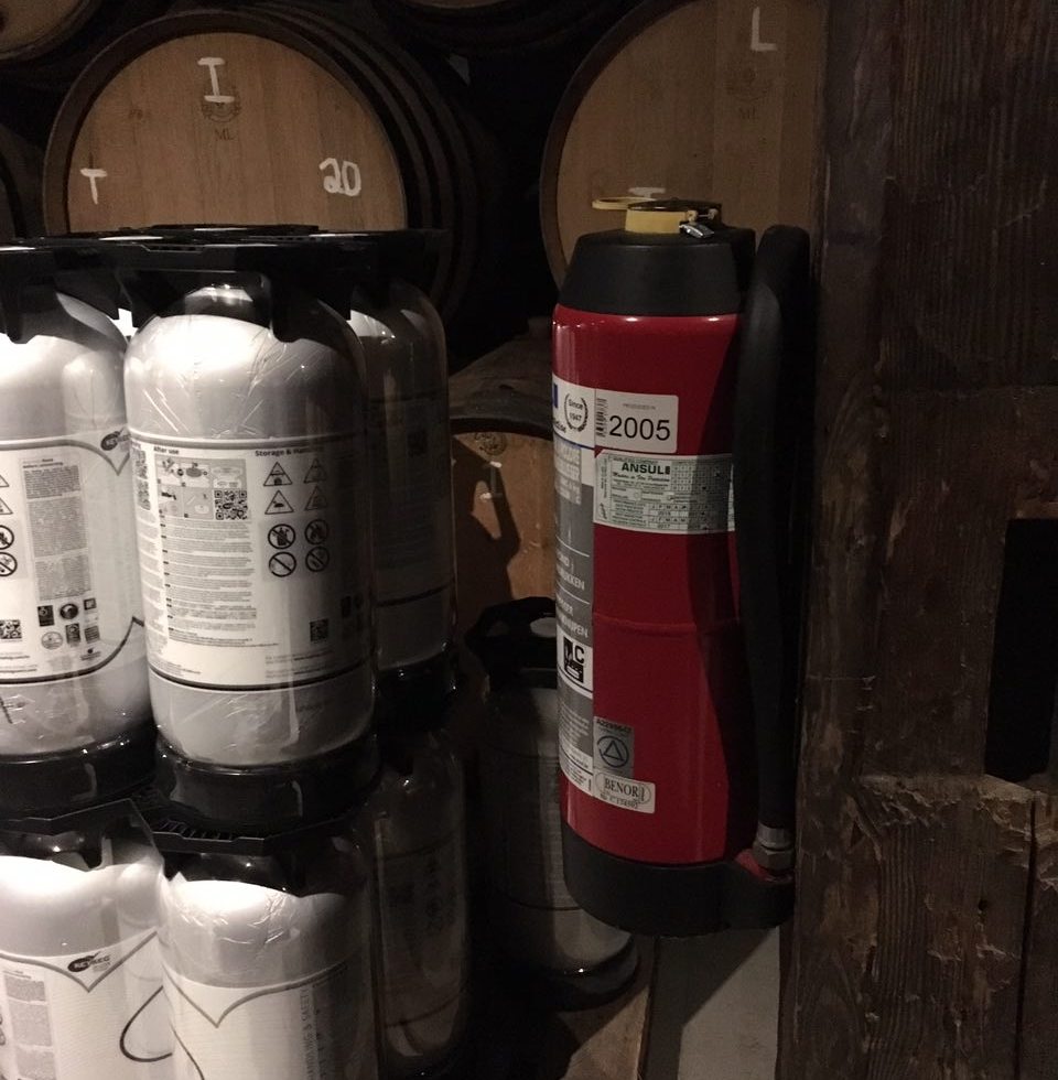 beer barrels, extinguishers, wine cellar fire safety