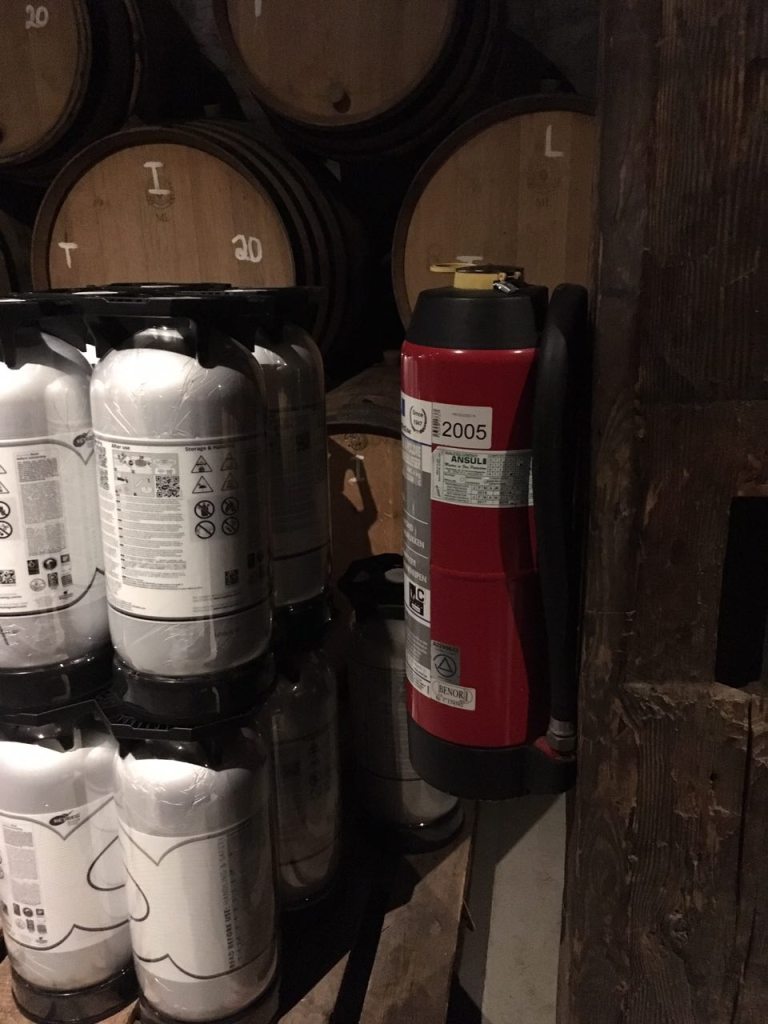 beer barrels, extinguishers, wine cellar fire safety